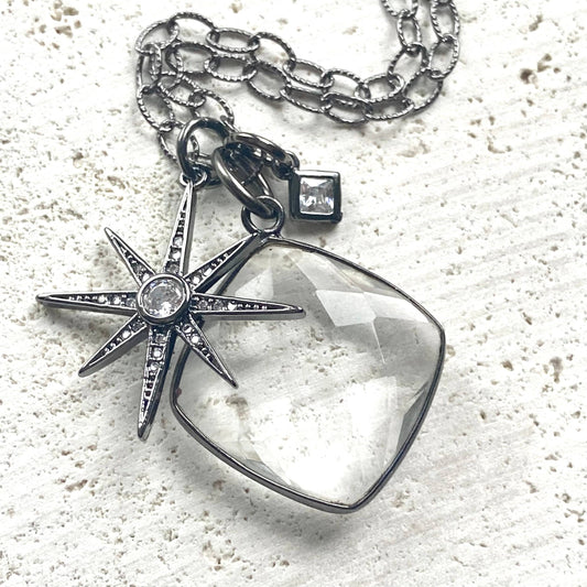 Crystal cluster necklace gunmetal trendy edgy jewelry