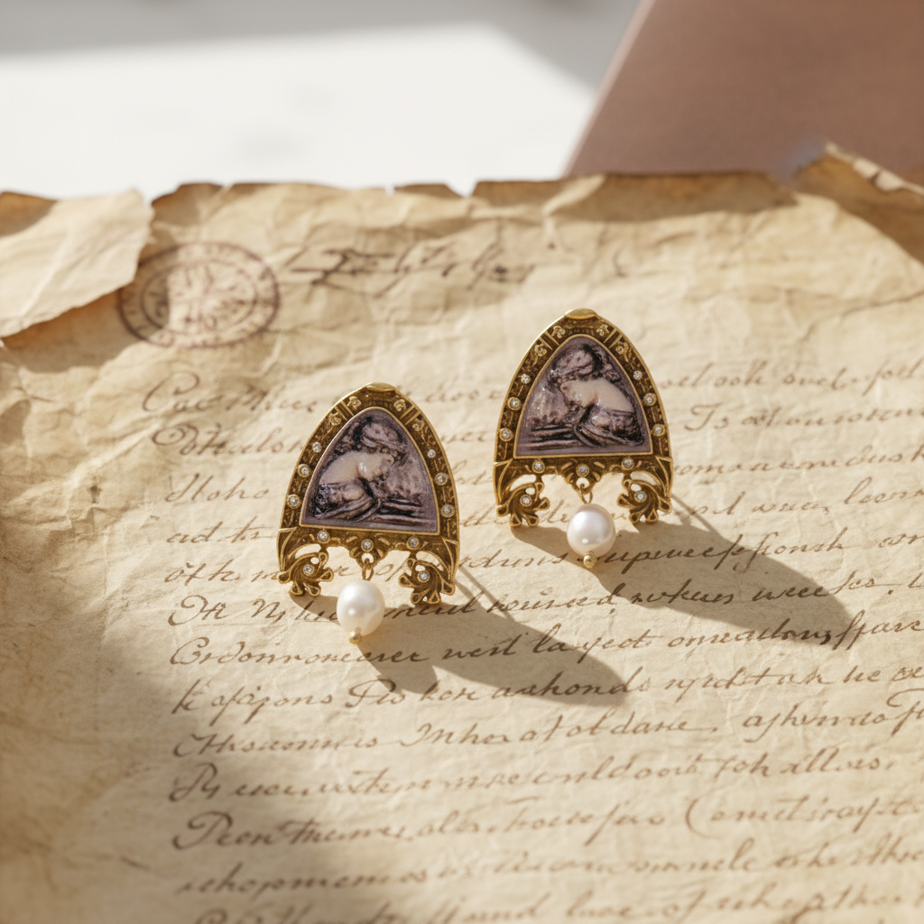 Vintage Gold Plated Cameo Freshwater Pearl Dangle Earrings