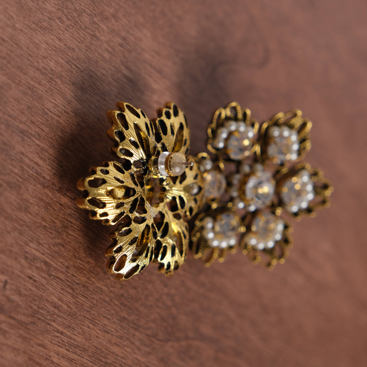 Vintage Gold Plated Hollow Floral Pearls & Crystals Earrings