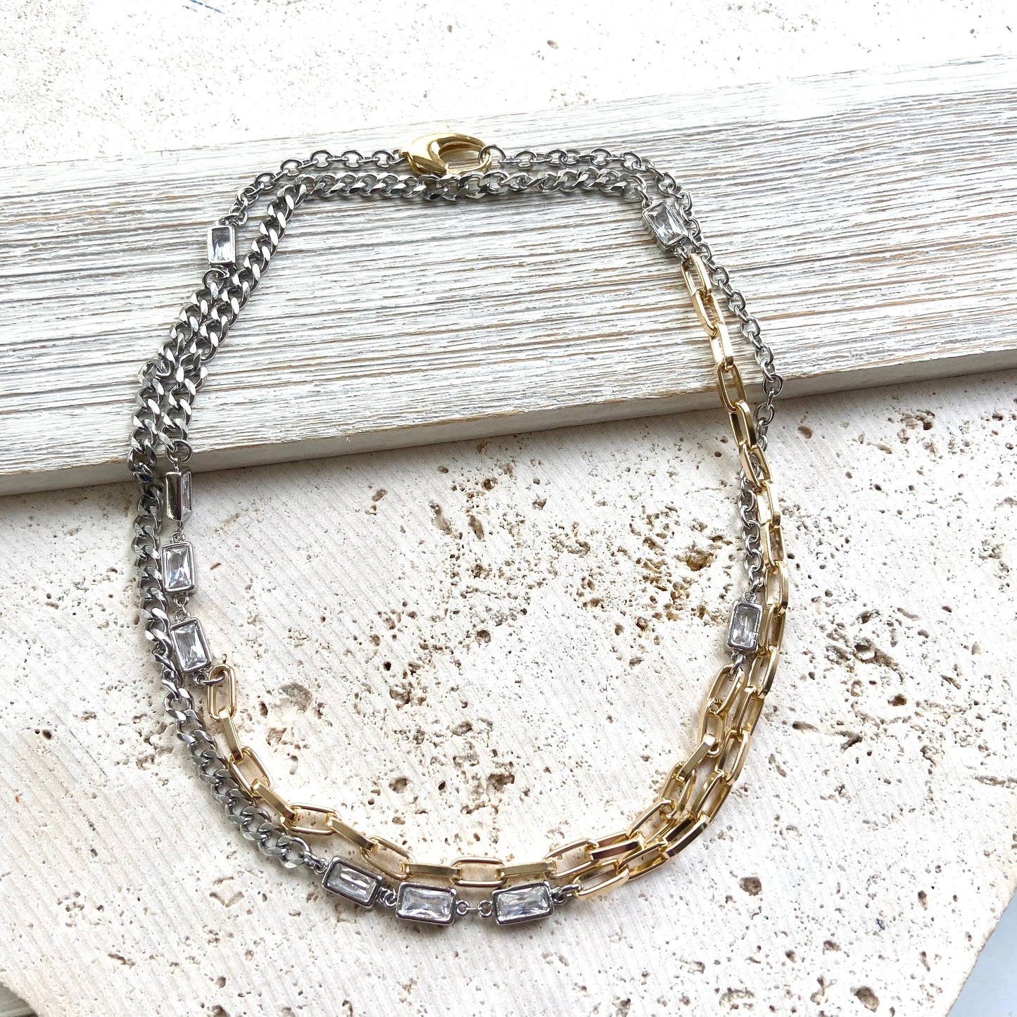 Mixed metal non tarnishing necklace edgy glam jewelry