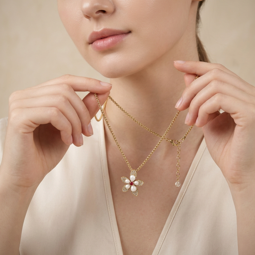 Vintage Gold Plated Shell & Crystals Flower Pendant Necklace