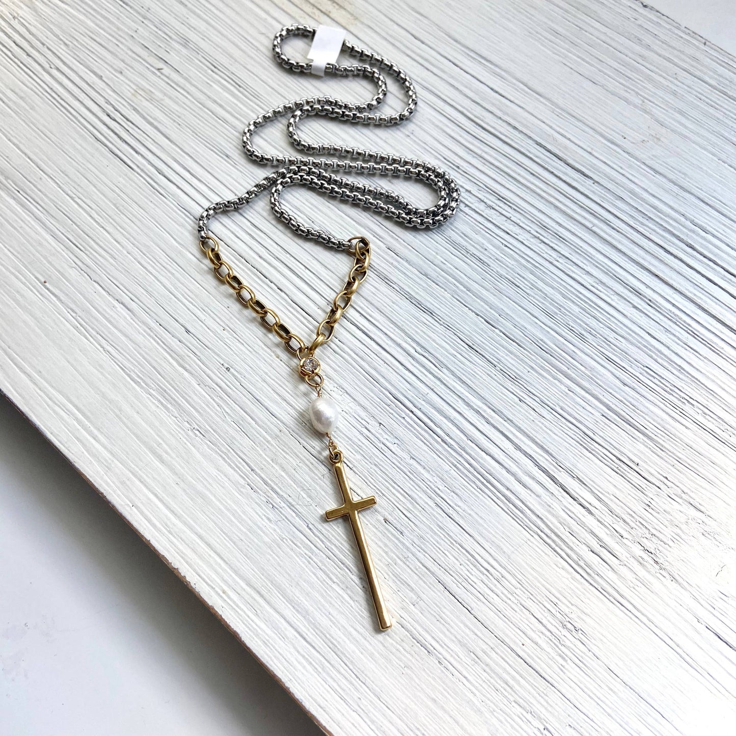 Mixed metal cross pendant necklace pearl