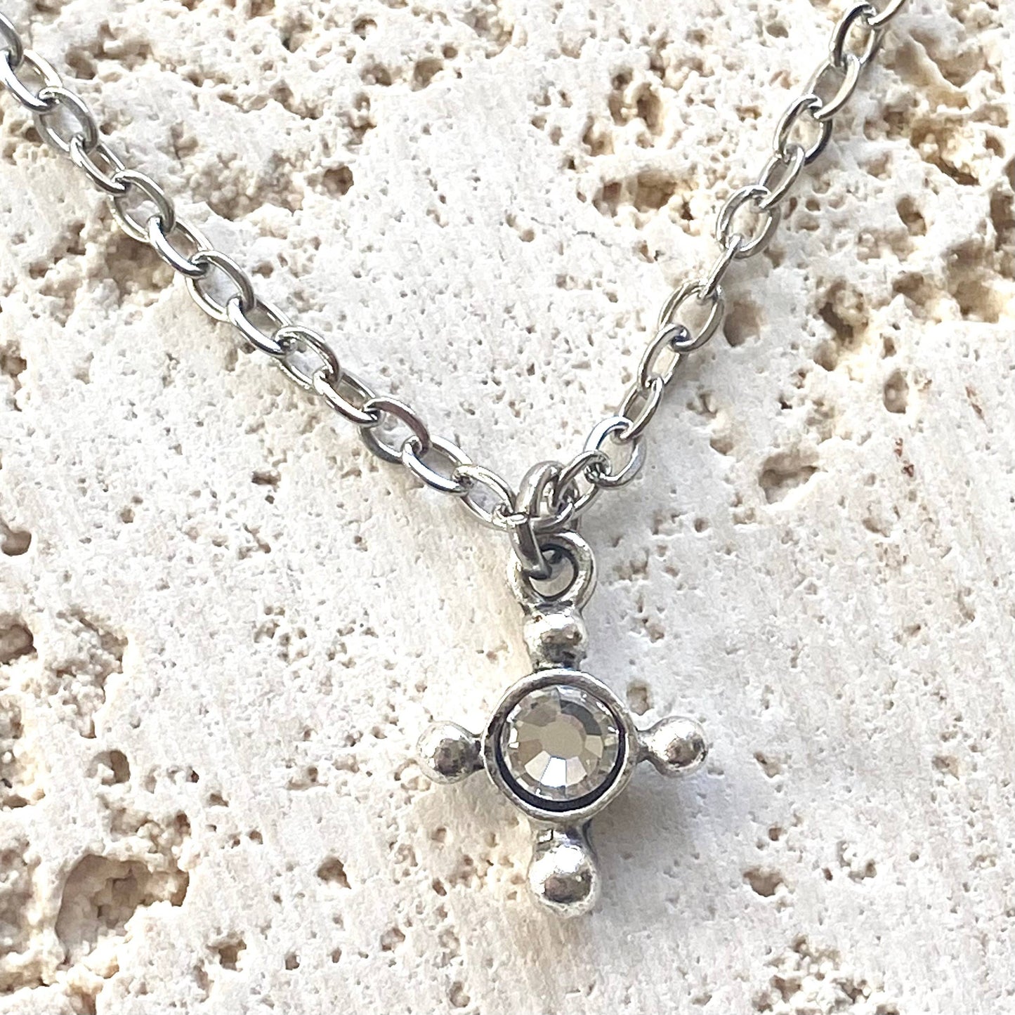 Tiny cross necklace clear crystal silver