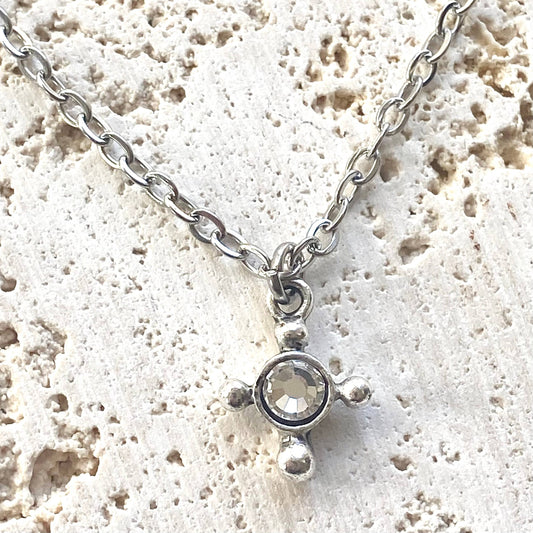 Tiny cross necklace clear crystal silver