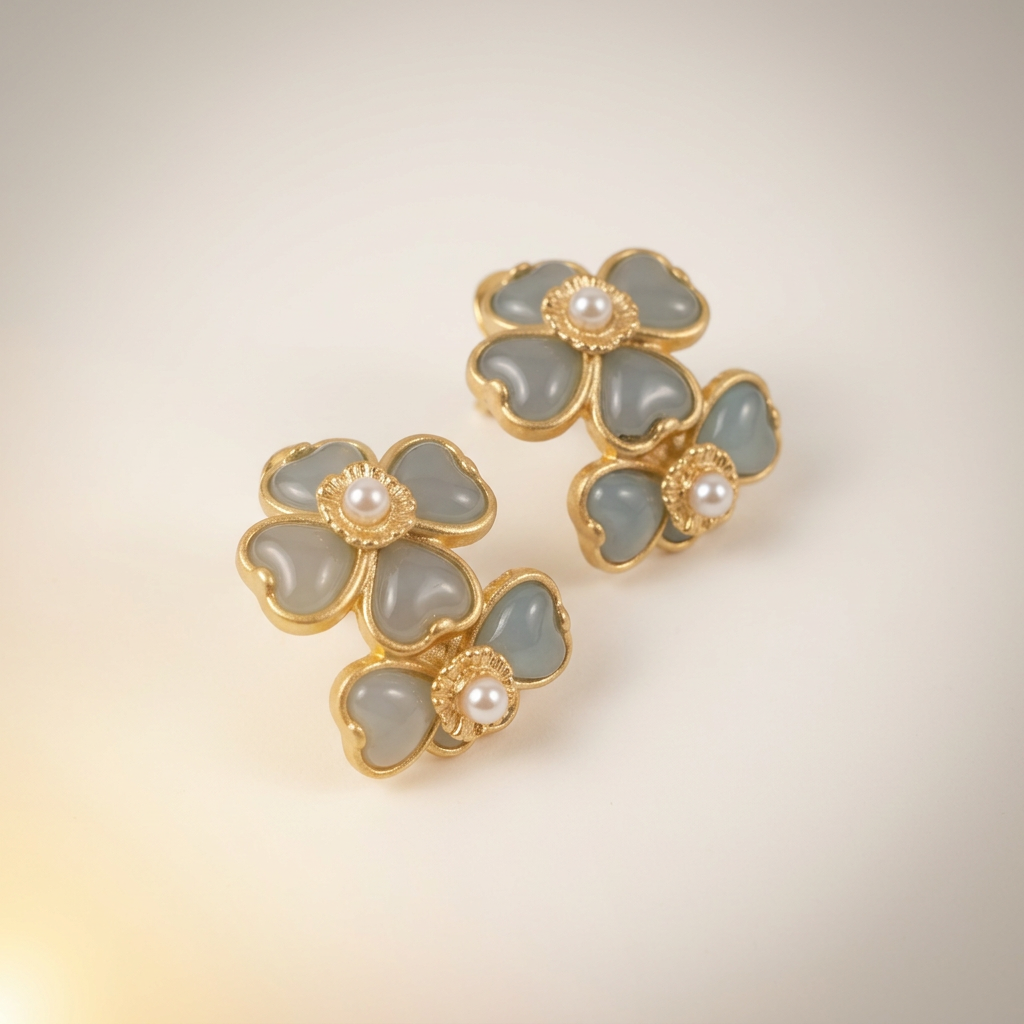 Vintage 18K Gold Plated Four-Leaf Clover C-Shape Earrings