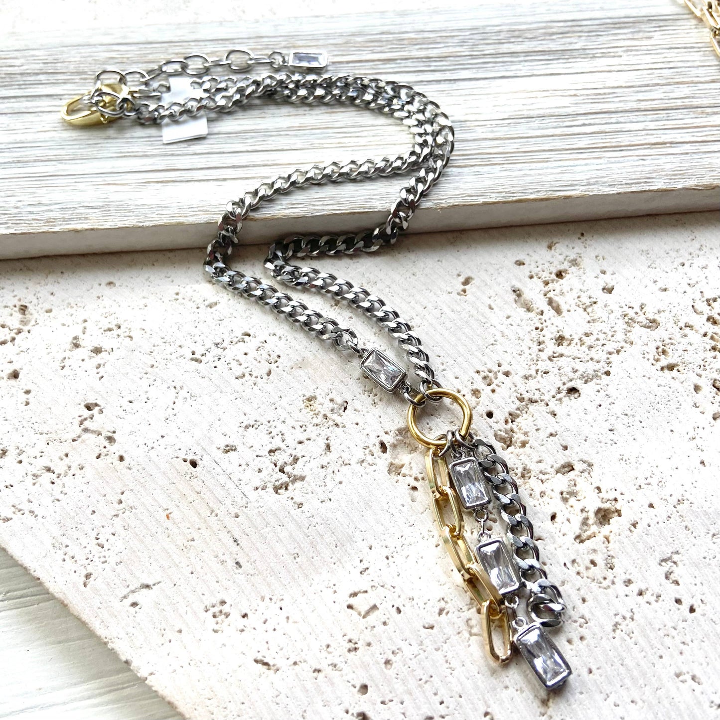 Mixed metal non tarnishing necklace edgy glam jewelry