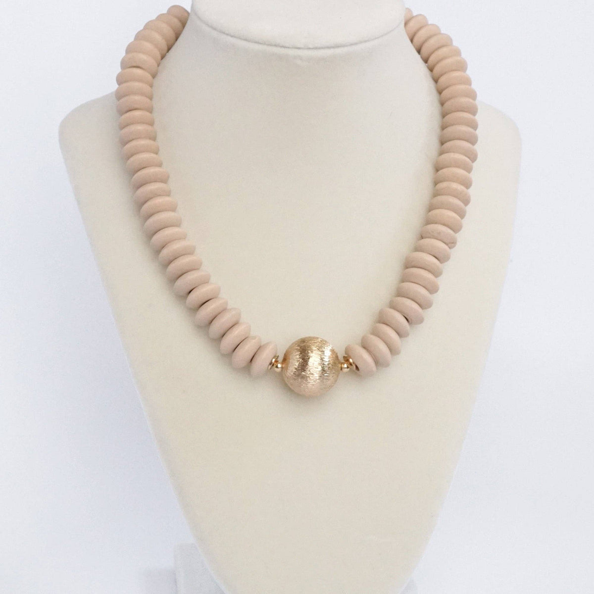 Wood Saucer Beads Short Statement Necklace Gold center Hot Pink Beige Turquoise