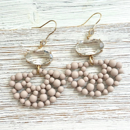 Half moon beaded statement earrings neutral & crystal
