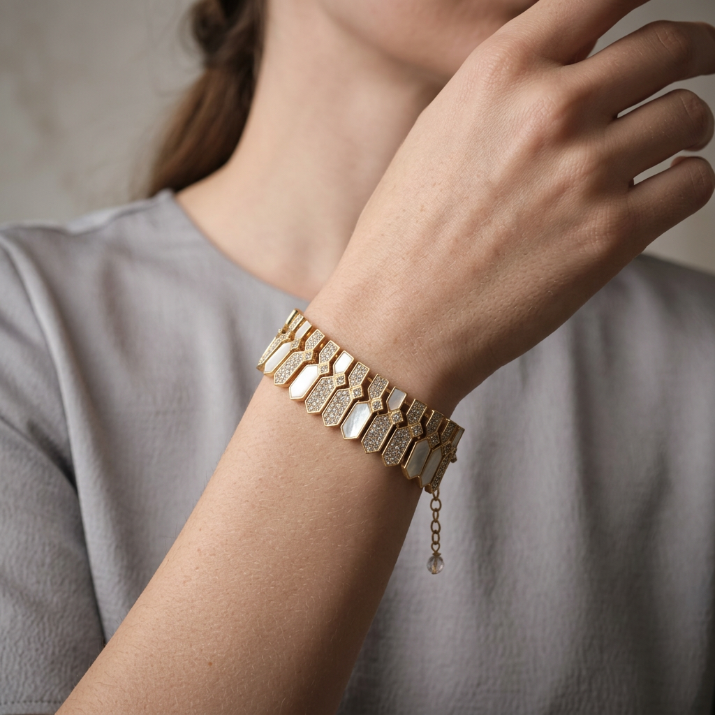 Geometric Natural Shell & Fully Sparkling Crystals Bracelet