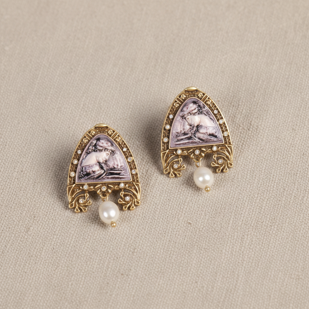 Vintage Gold Plated Cameo Freshwater Pearl Dangle Earrings