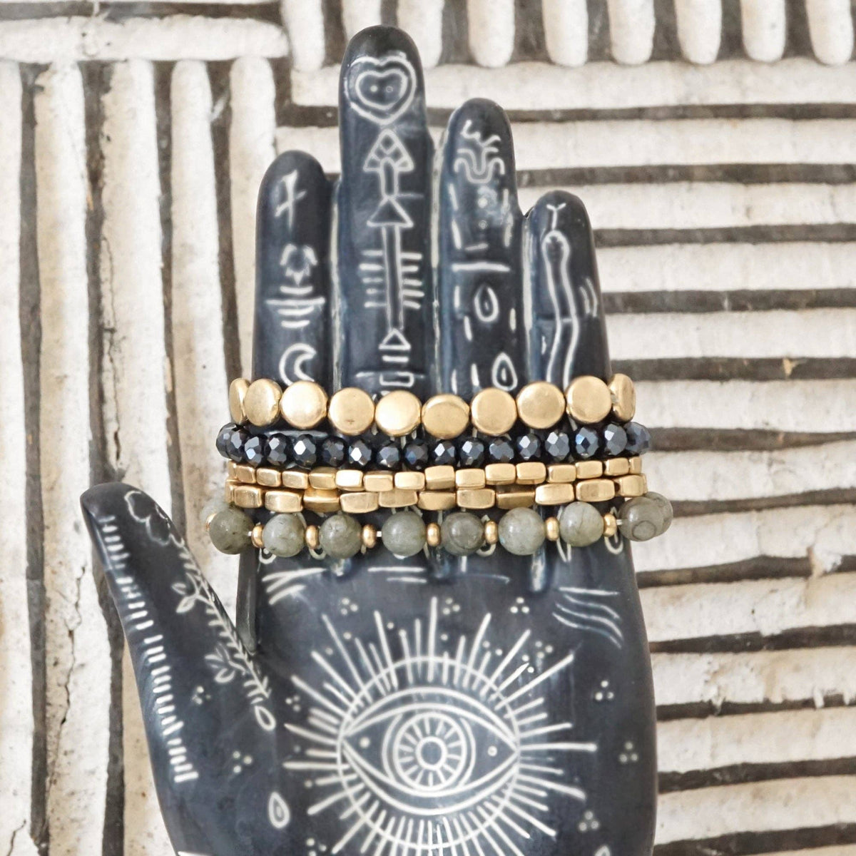 Boho Beaded Bracelet Stack Gray Black and worn gold tone - Set of 5