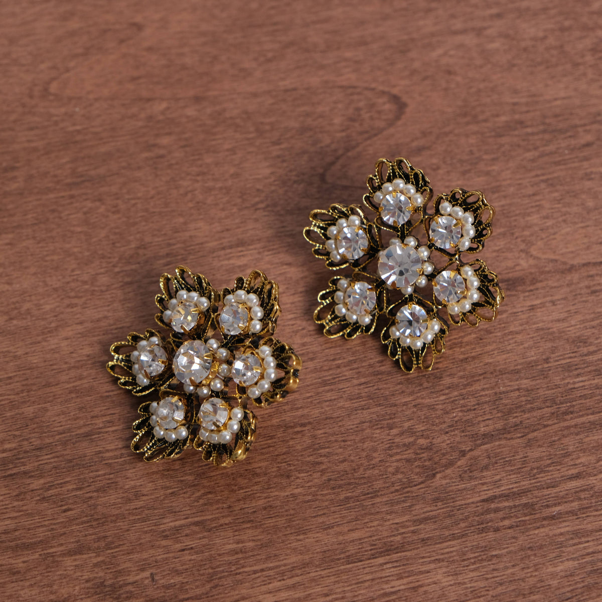 Vintage Gold Plated Hollow Floral Pearls & Crystals Earrings