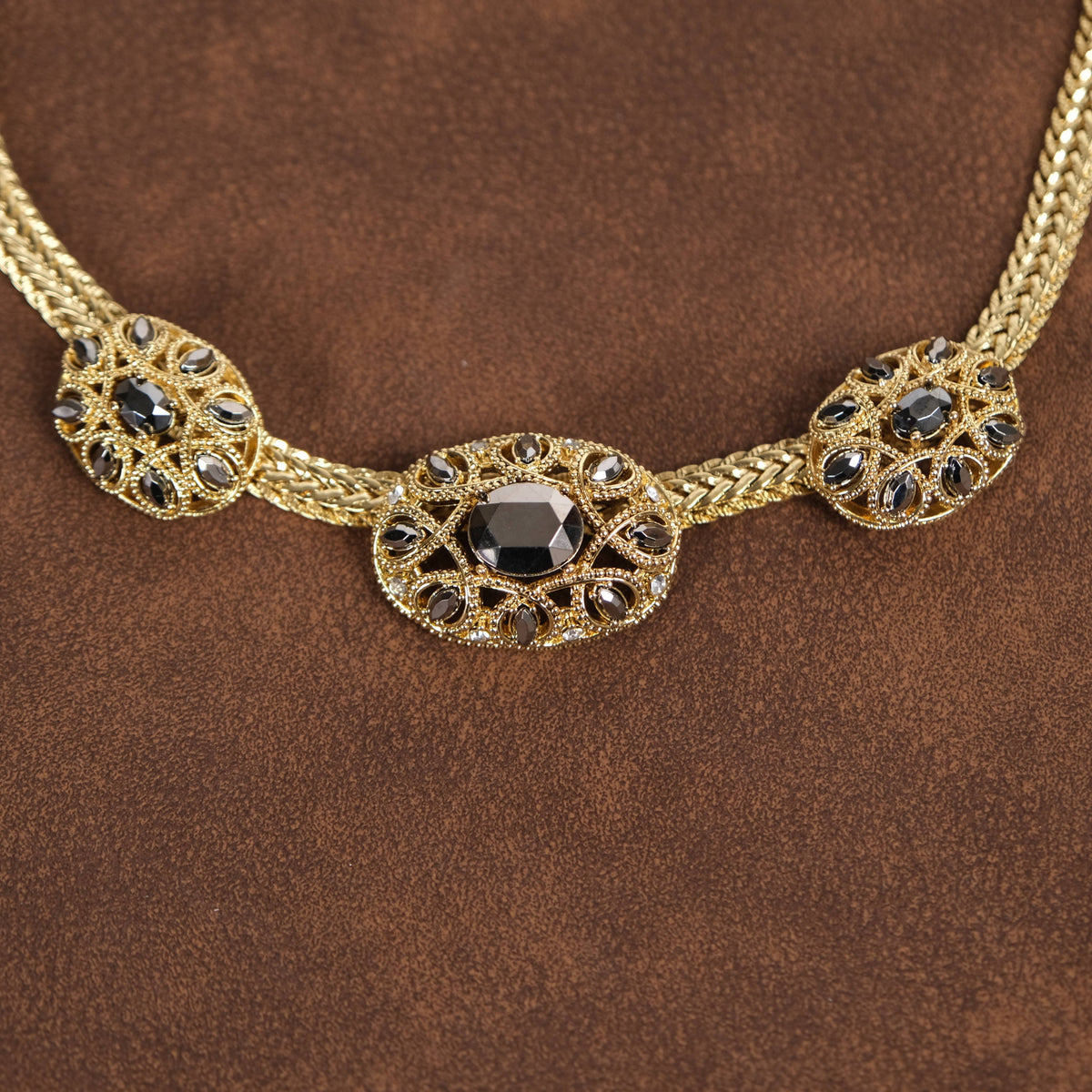 Vintage 18K Gold-Plated Gunmetal Crystal Choker Necklace