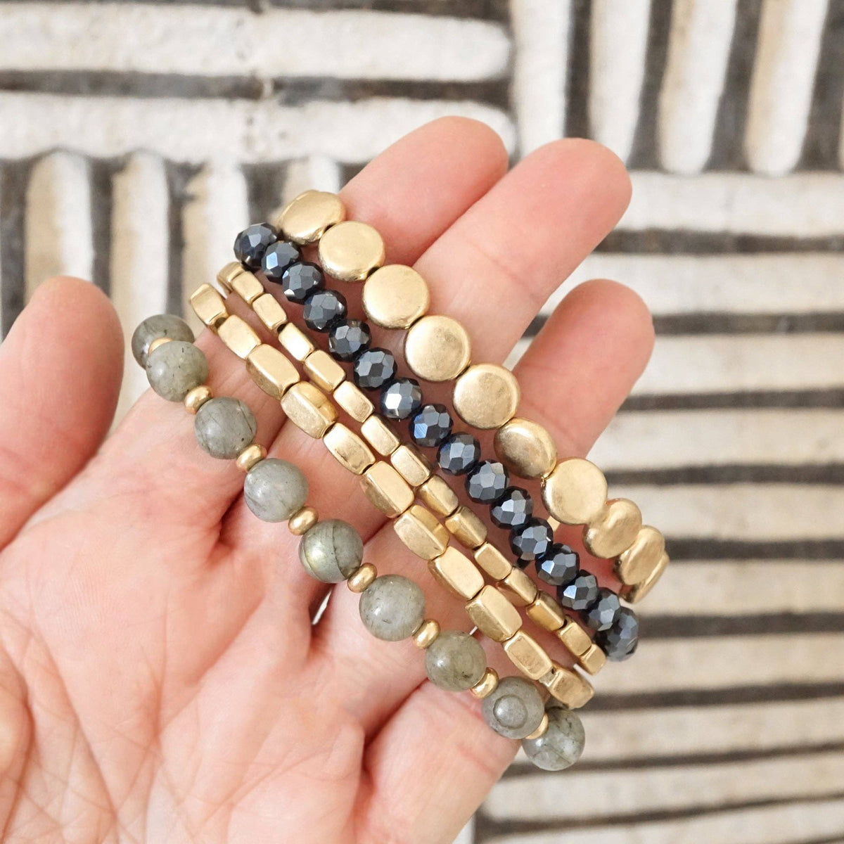 Boho Beaded Bracelet Stack Gray Black and worn gold tone - Set of 5