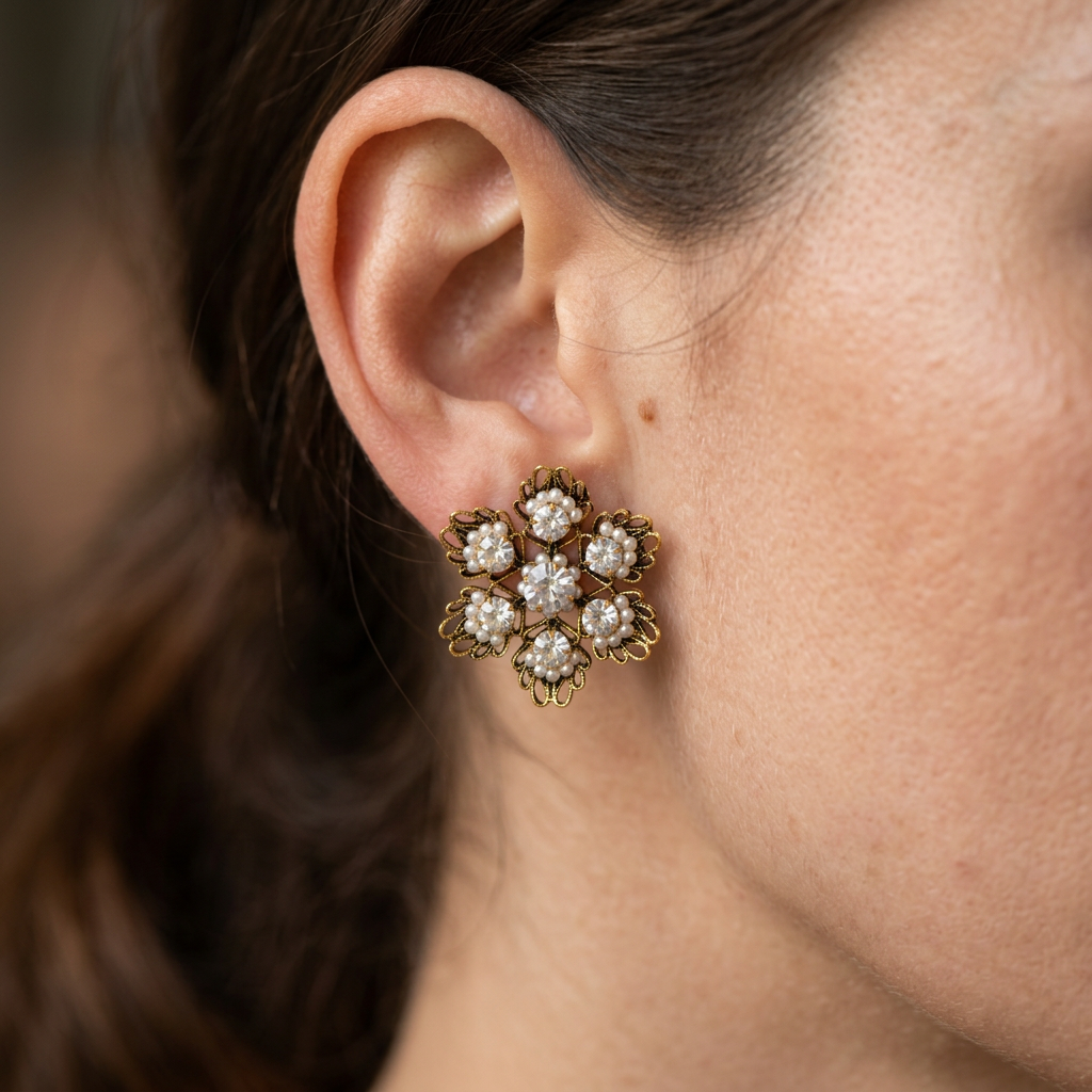 Vintage Gold Plated Hollow Floral Pearls & Crystals Earrings