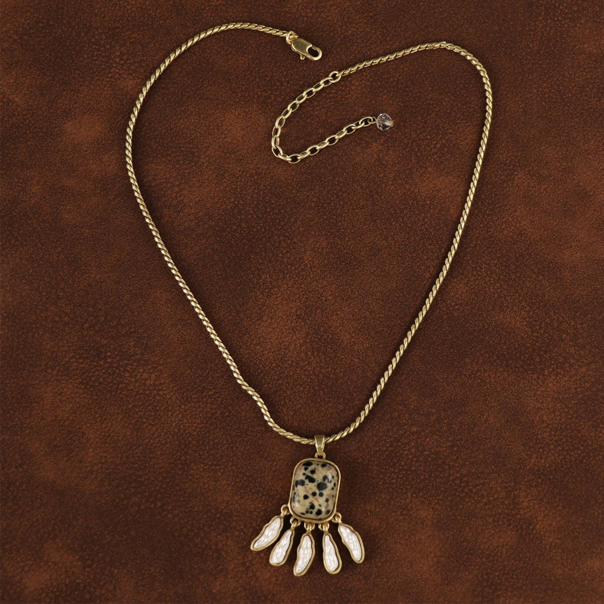 Elegant Dalmatian Jasper & Pearl Drop Pendant Necklace