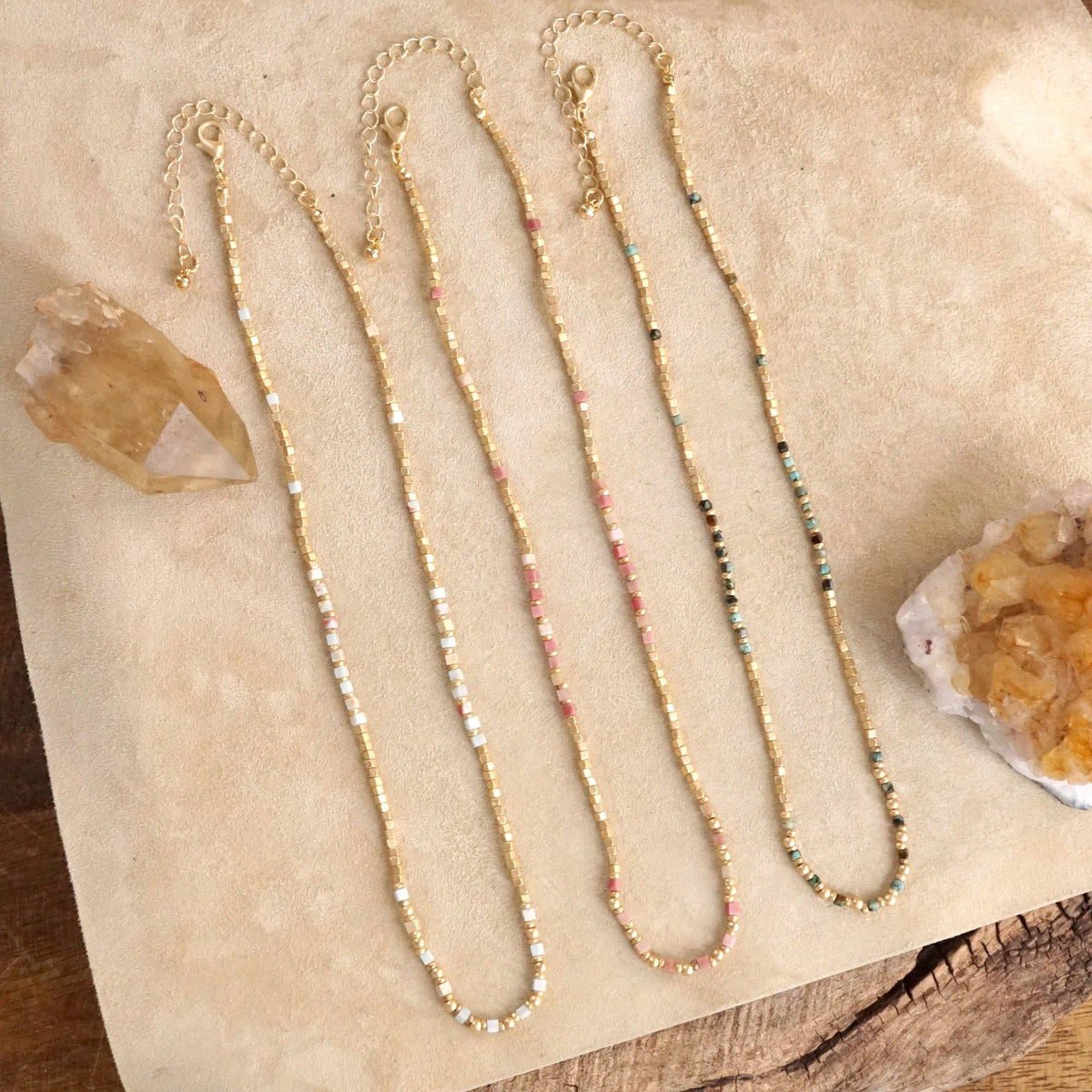 Dainty Classic Beaded Necklace – Matte Gold and Semi-Precious Stones
