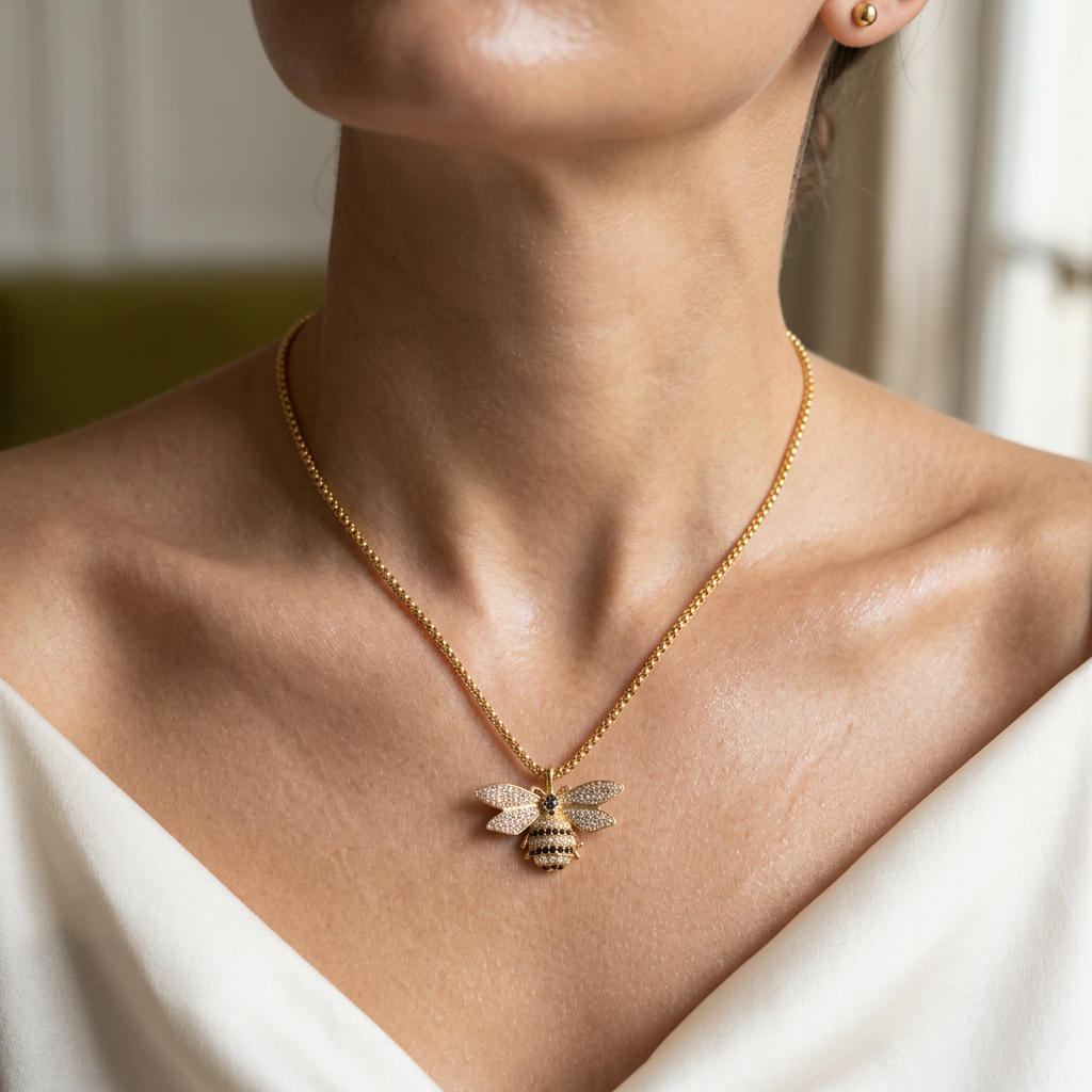 Vintage 18K Gold Plated Bee Pendant Long Sweater Necklace