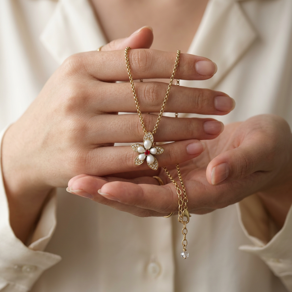 Vintage Gold Plated Shell & Crystals Flower Pendant Necklace
