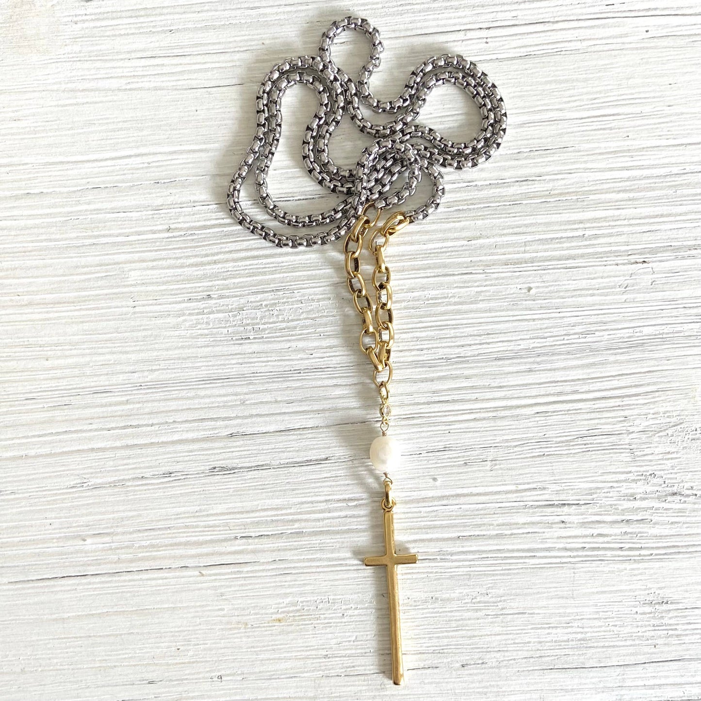 Mixed metal cross pendant necklace pearl