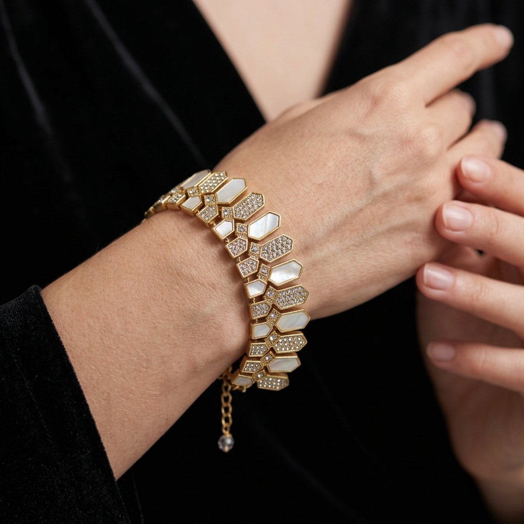 Geometric Natural Shell & Fully Sparkling Crystals Bracelet