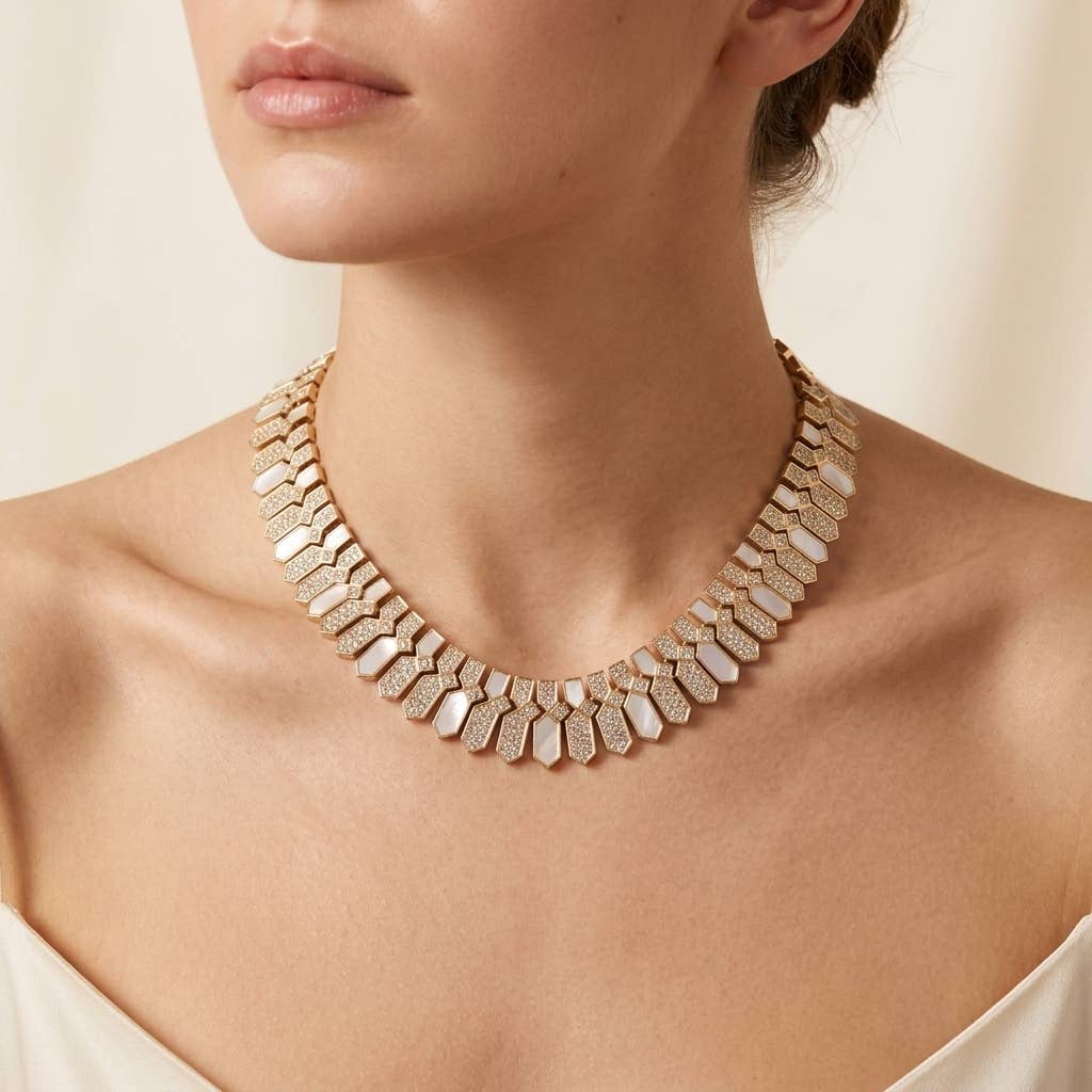 Geometric Natural Shell & Fully Sparkling Crystals Necklace