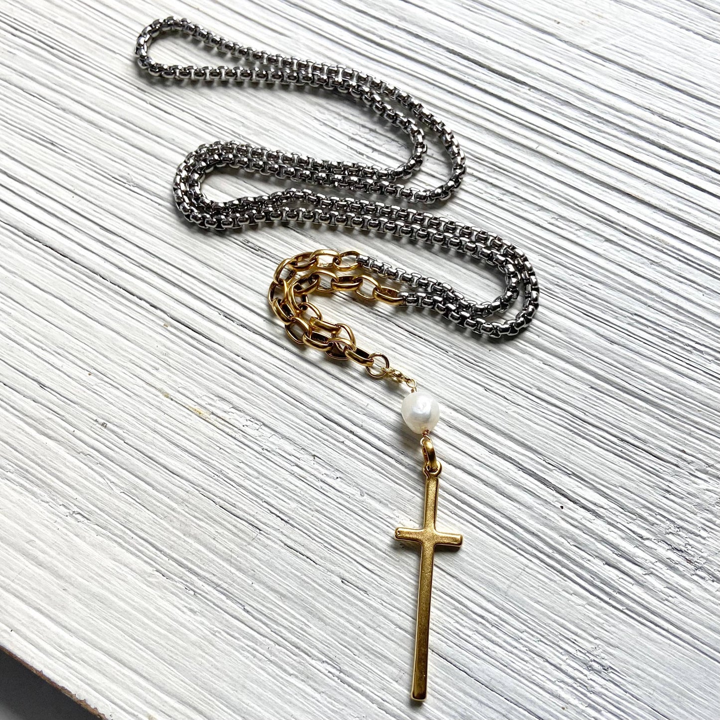 Mixed metal cross pendant necklace pearl