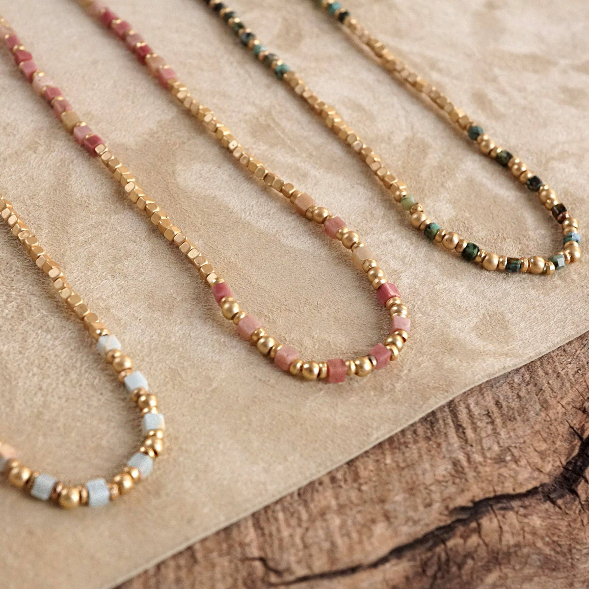 Dainty Classic Beaded Necklace – Matte Gold and Semi-Precious Stones