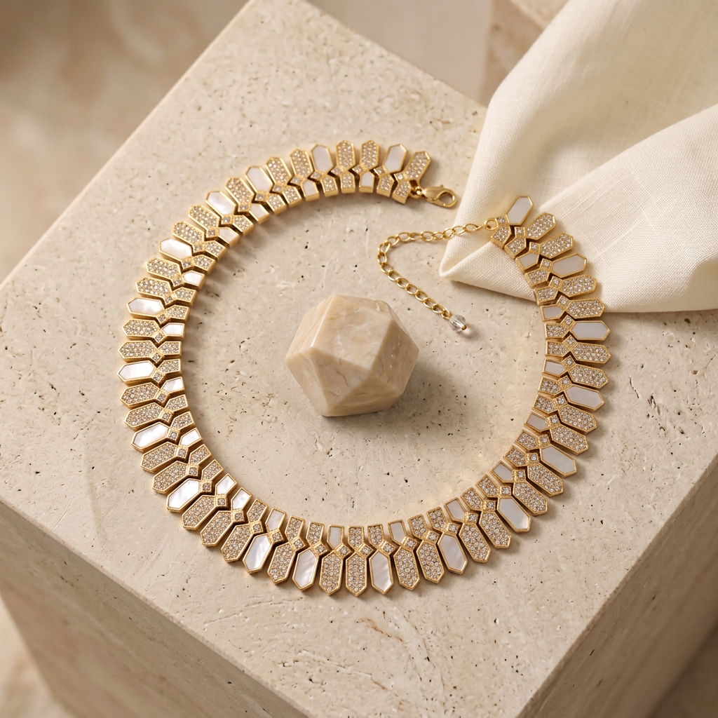 Geometric Natural Shell & Fully Sparkling Crystals Necklace