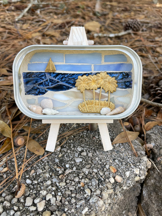 “Sardine Tin Mosaic Series-Sailing Away” by Kelsie Hornby
