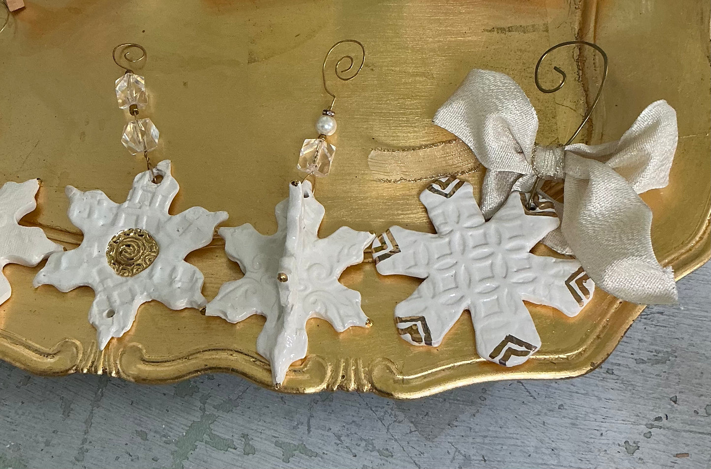 Assorted Ceramic White and Gold Christmas Ornaments by Gail Williams