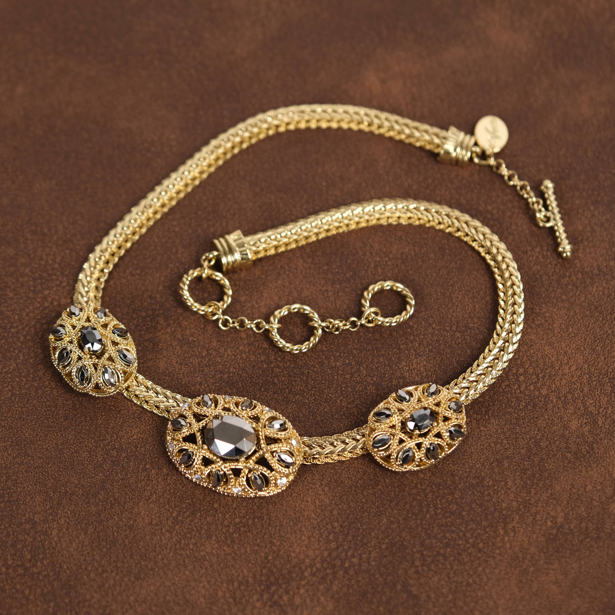 Vintage 18K Gold-Plated Gunmetal Crystal Choker Necklace
