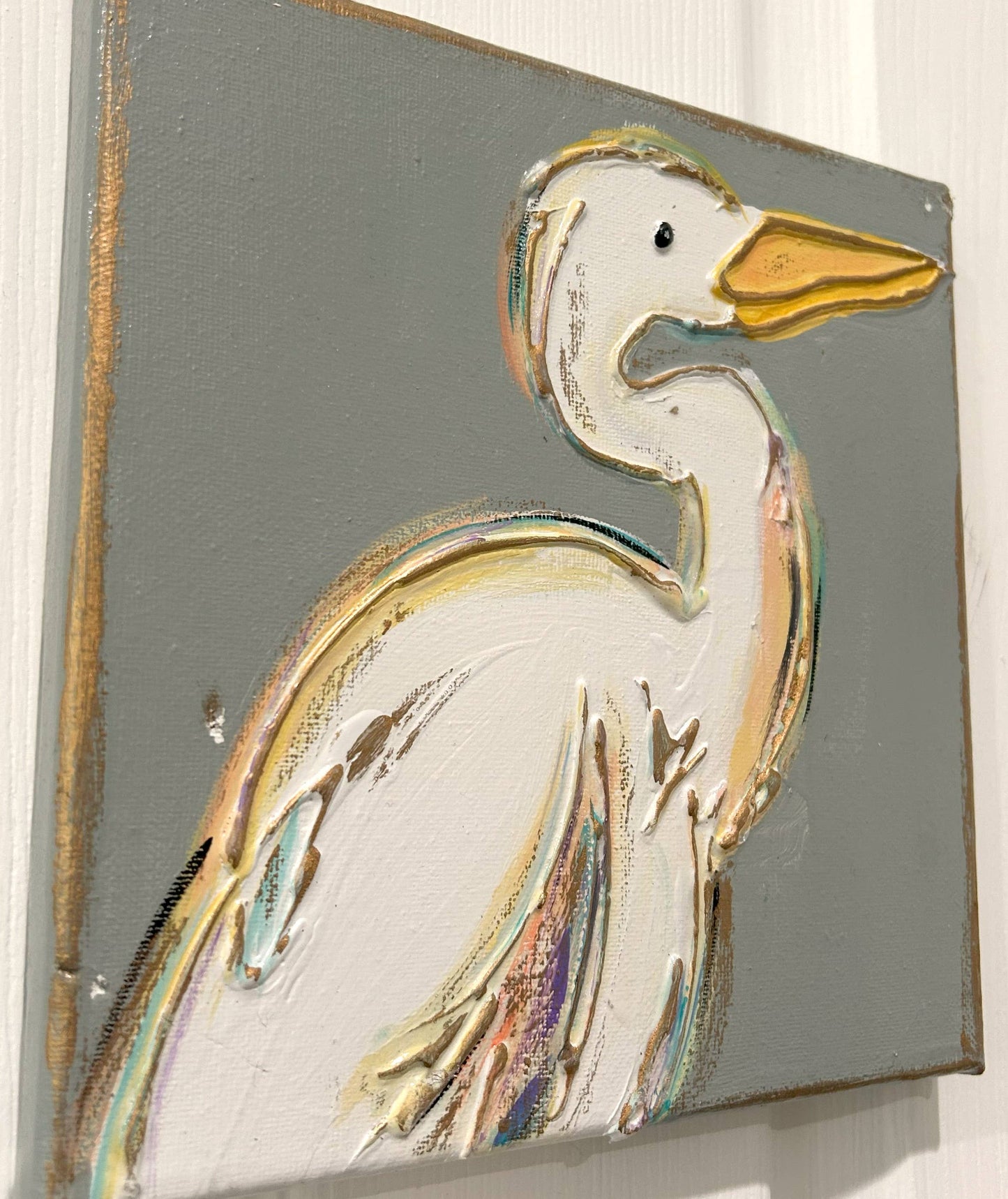White Heron canvas art textured  coastal beach tropical