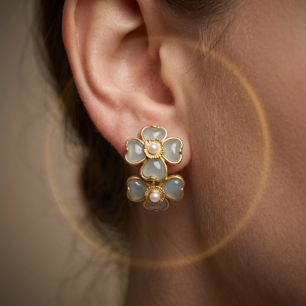 Vintage 18K Gold Plated Four-Leaf Clover C-Shape Earrings