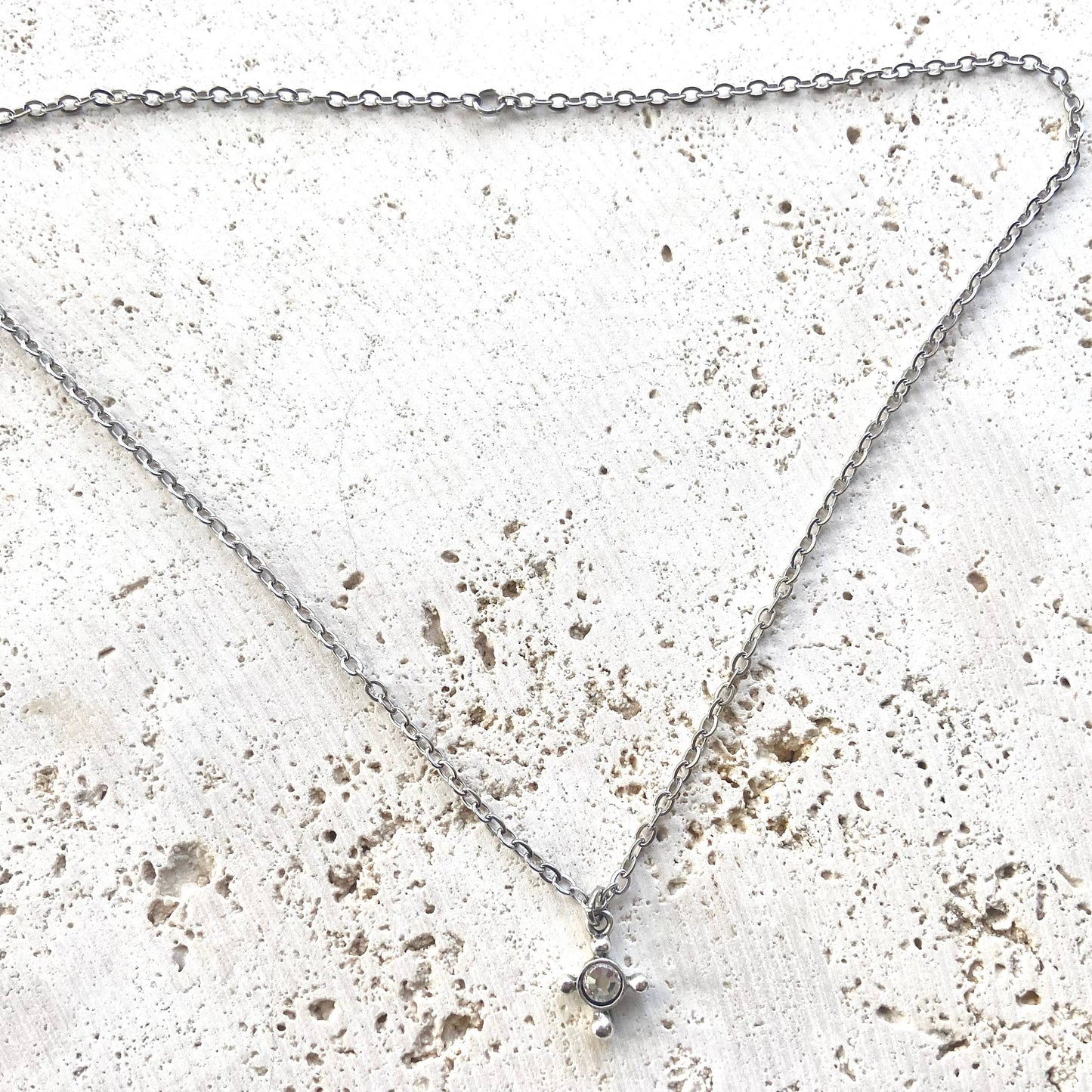 Tiny cross necklace clear crystal silver