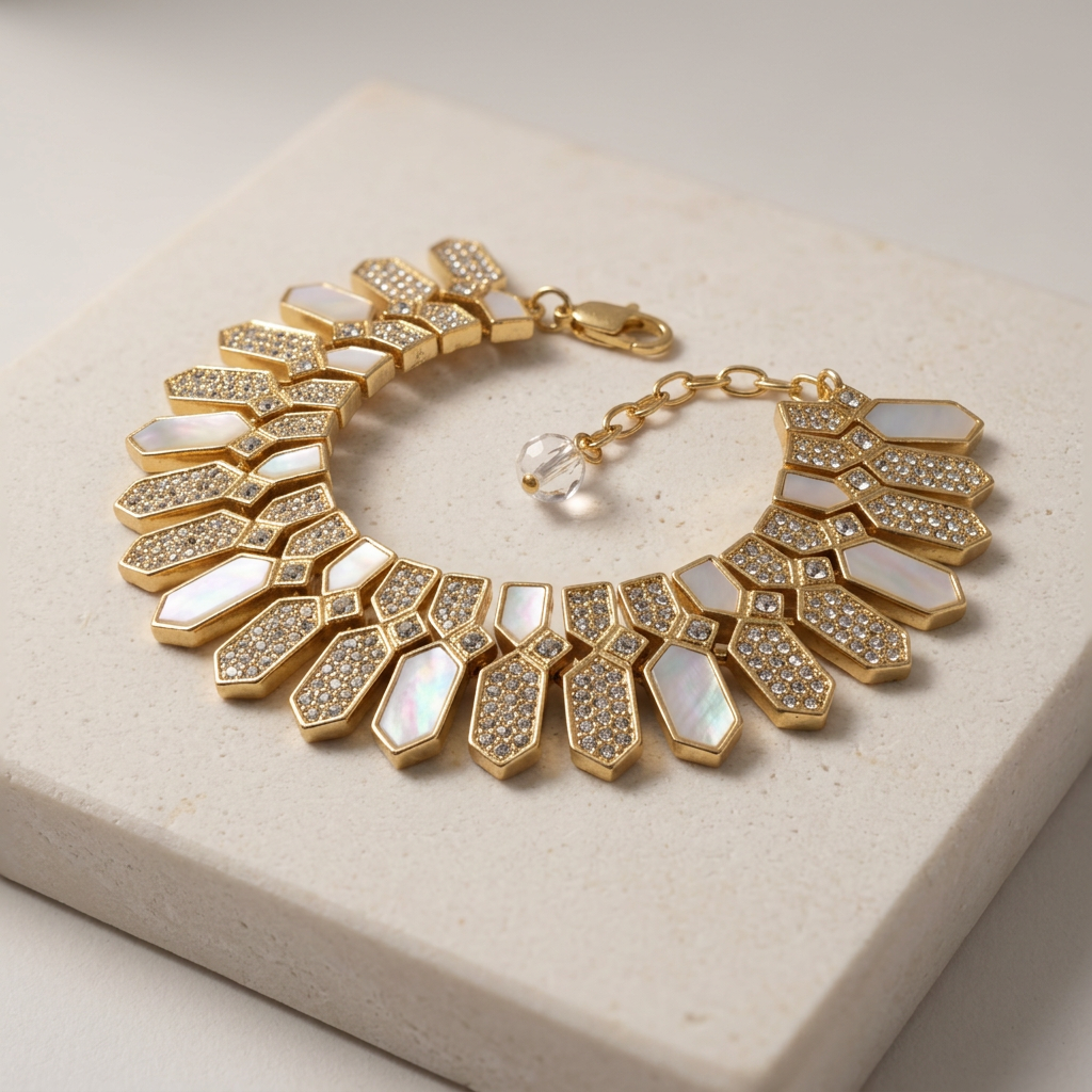 Geometric Natural Shell & Fully Sparkling Crystals Bracelet