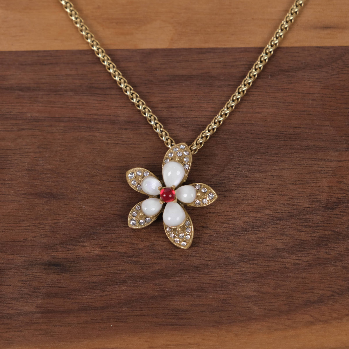 Vintage Gold Plated Shell & Crystals Flower Pendant Necklace