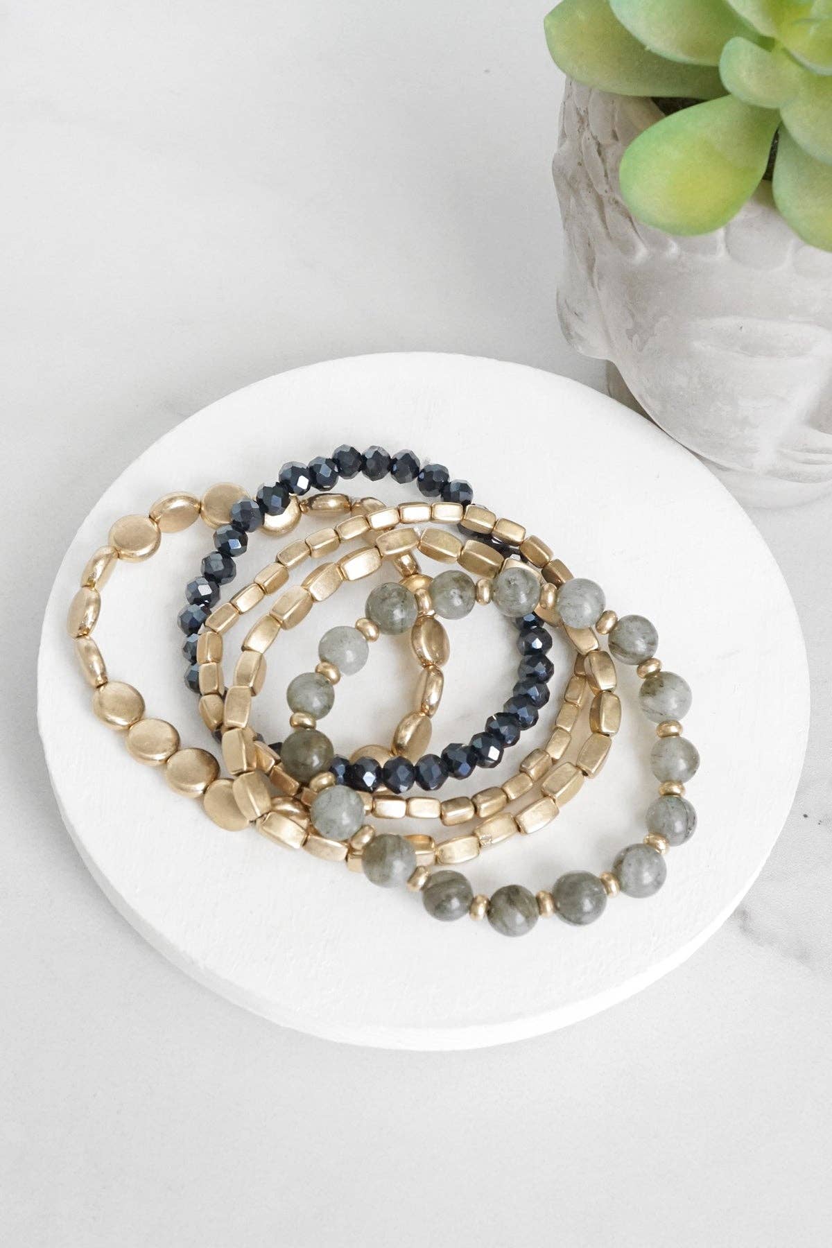 Boho Beaded Bracelet Stack Gray Black and worn gold tone - Set of 5