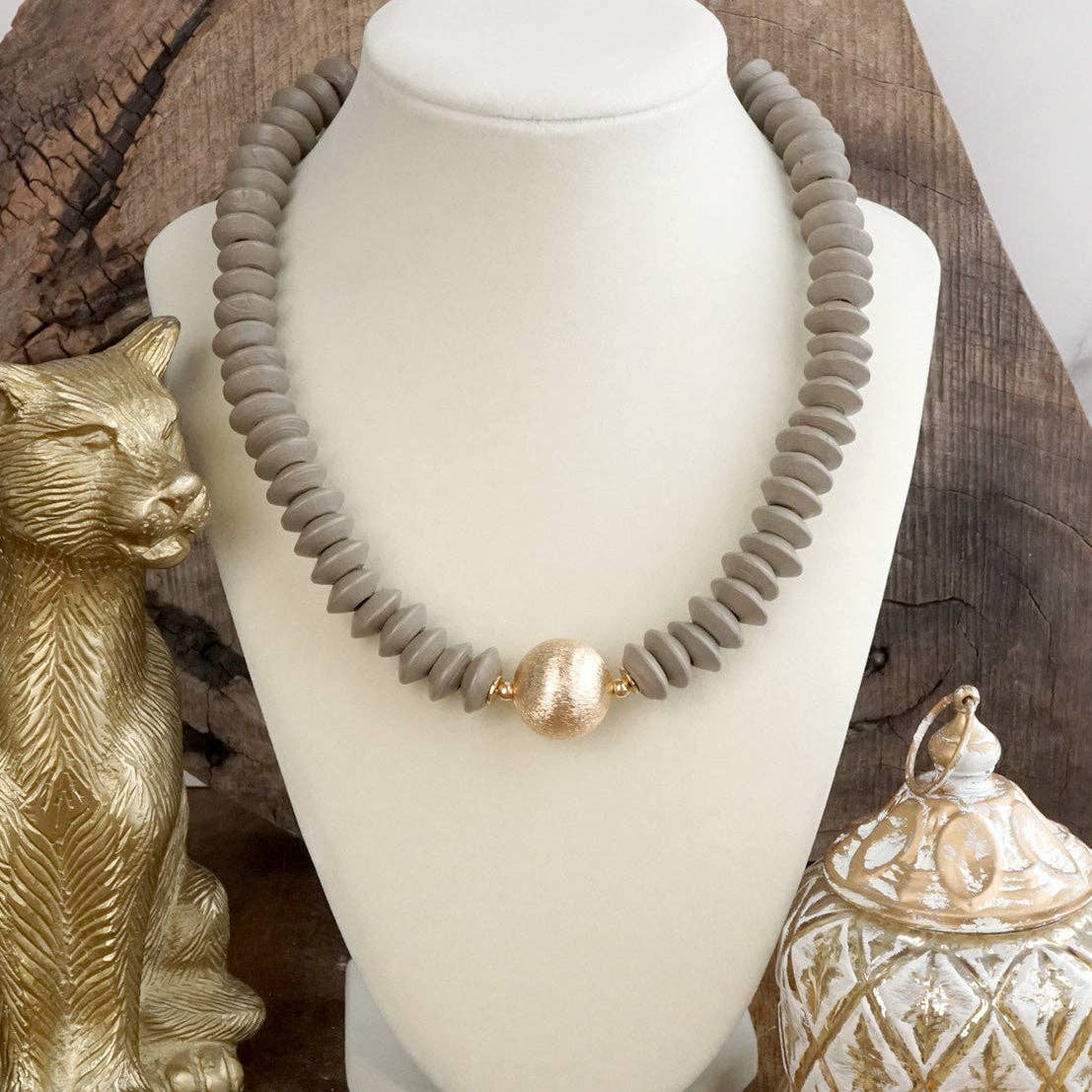 Wood Saucer Beads Short Statement Necklace Gold center Hot Pink Beige Turquoise