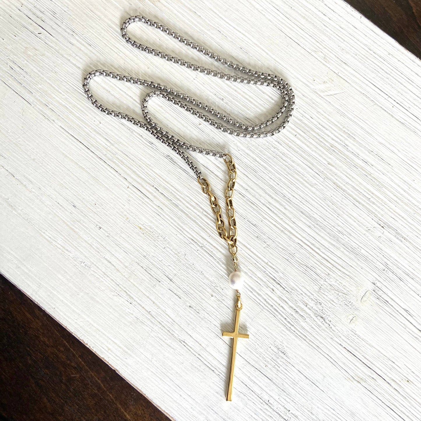 Mixed metal cross pendant necklace pearl