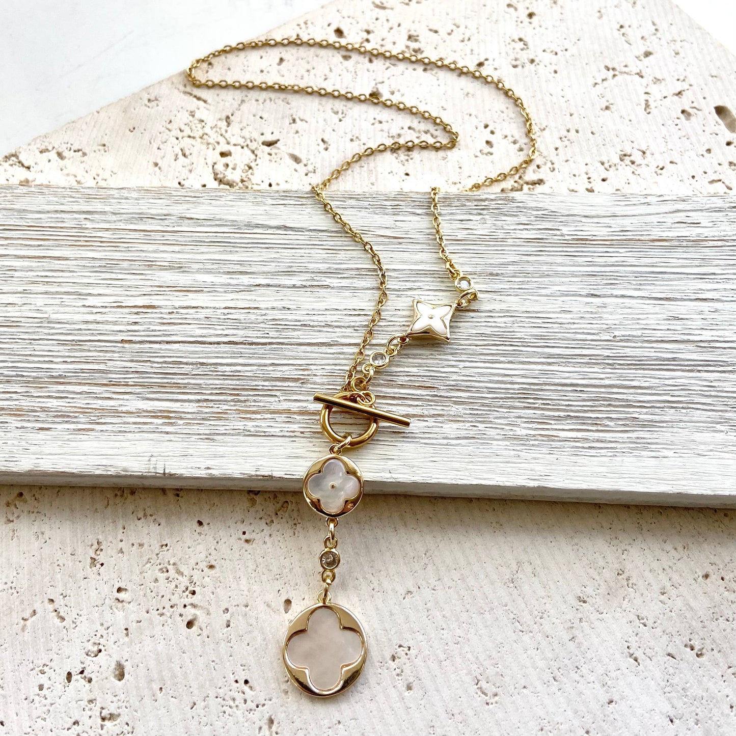 Clover quatrefoil shell pearl necklace non tarnish jewelry