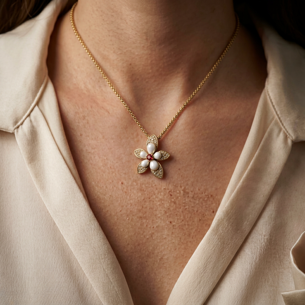 Vintage Gold Plated Shell & Crystals Flower Pendant Necklace