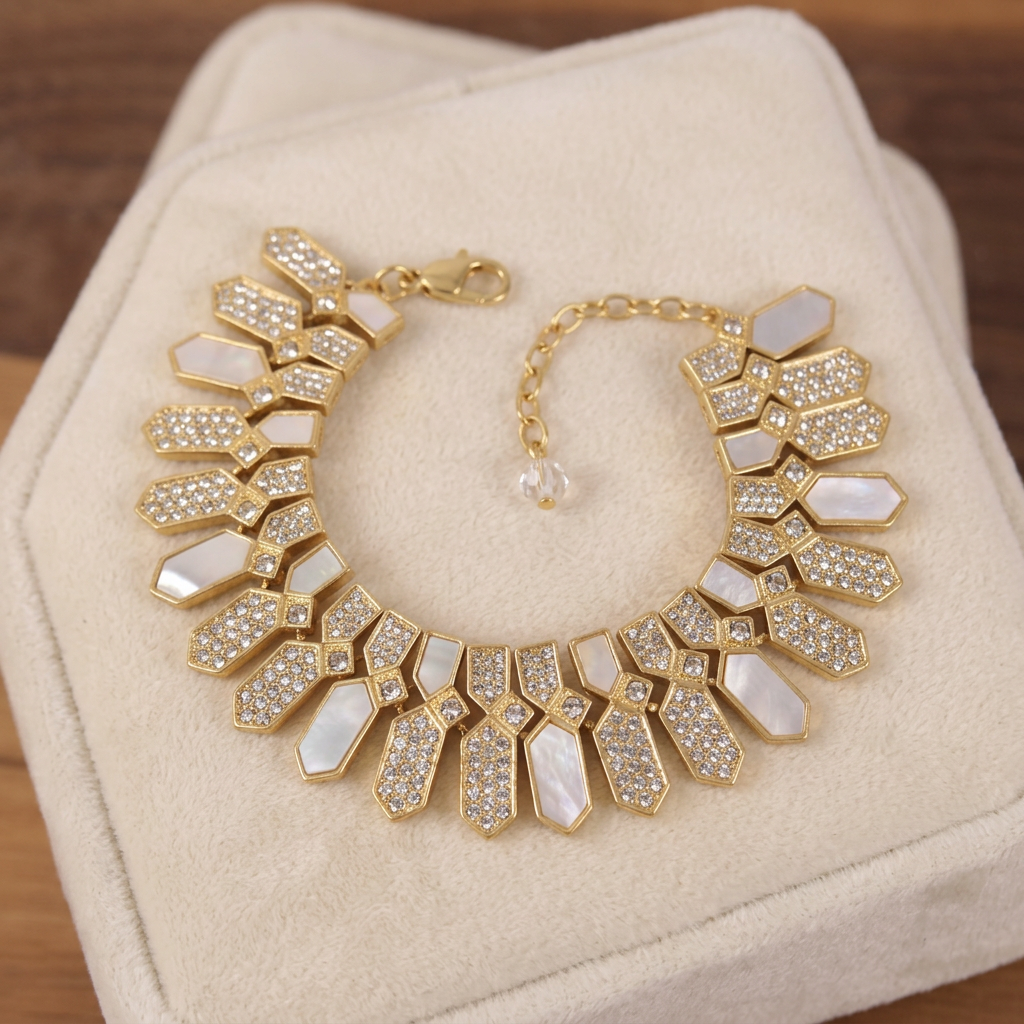 Geometric Natural Shell & Fully Sparkling Crystals Bracelet