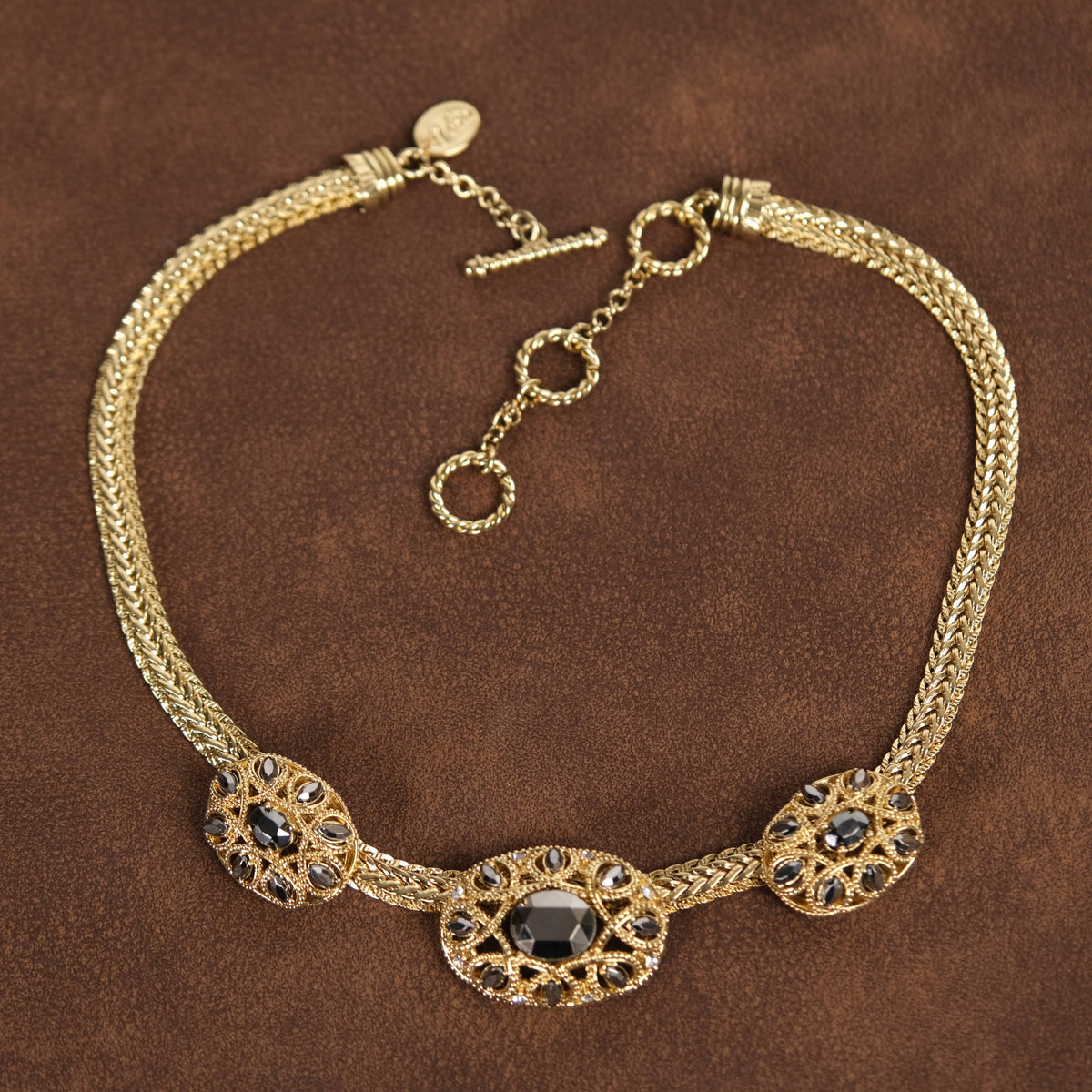 Vintage 18K Gold-Plated Gunmetal Crystal Choker Necklace