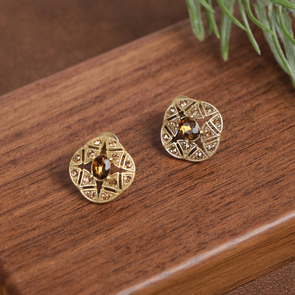 Vintage 18K Gold Plated Hollow Caramel Crystals Earrings