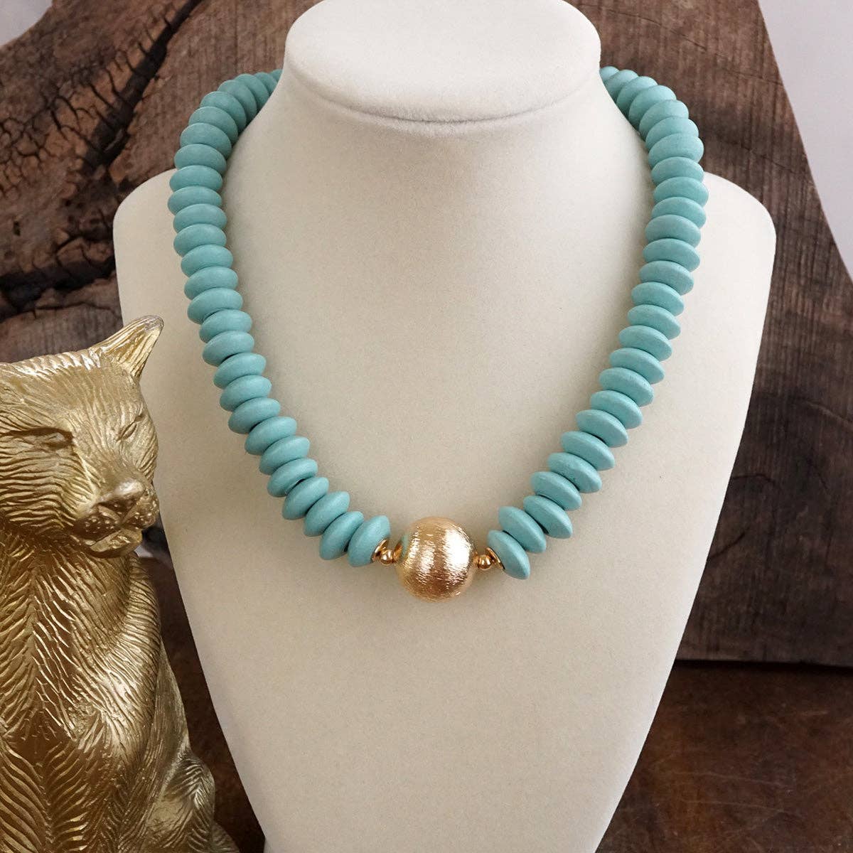 Wood Saucer Beads Short Statement Necklace Gold center Hot Pink Beige Turquoise