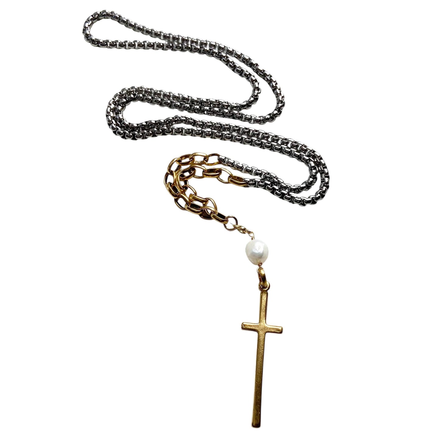 Mixed metal cross pendant necklace pearl