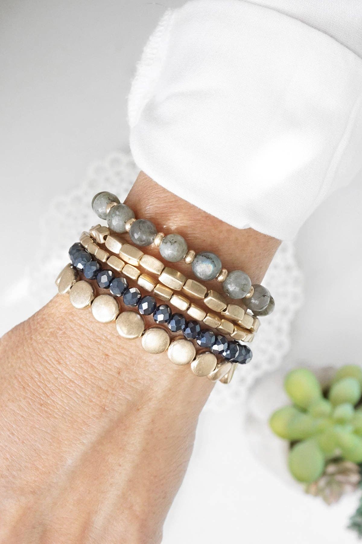 Boho Beaded Bracelet Stack Gray Black and worn gold tone - Set of 5