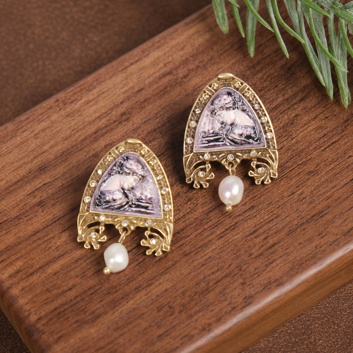 Vintage Gold Plated Cameo Freshwater Pearl Dangle Earrings