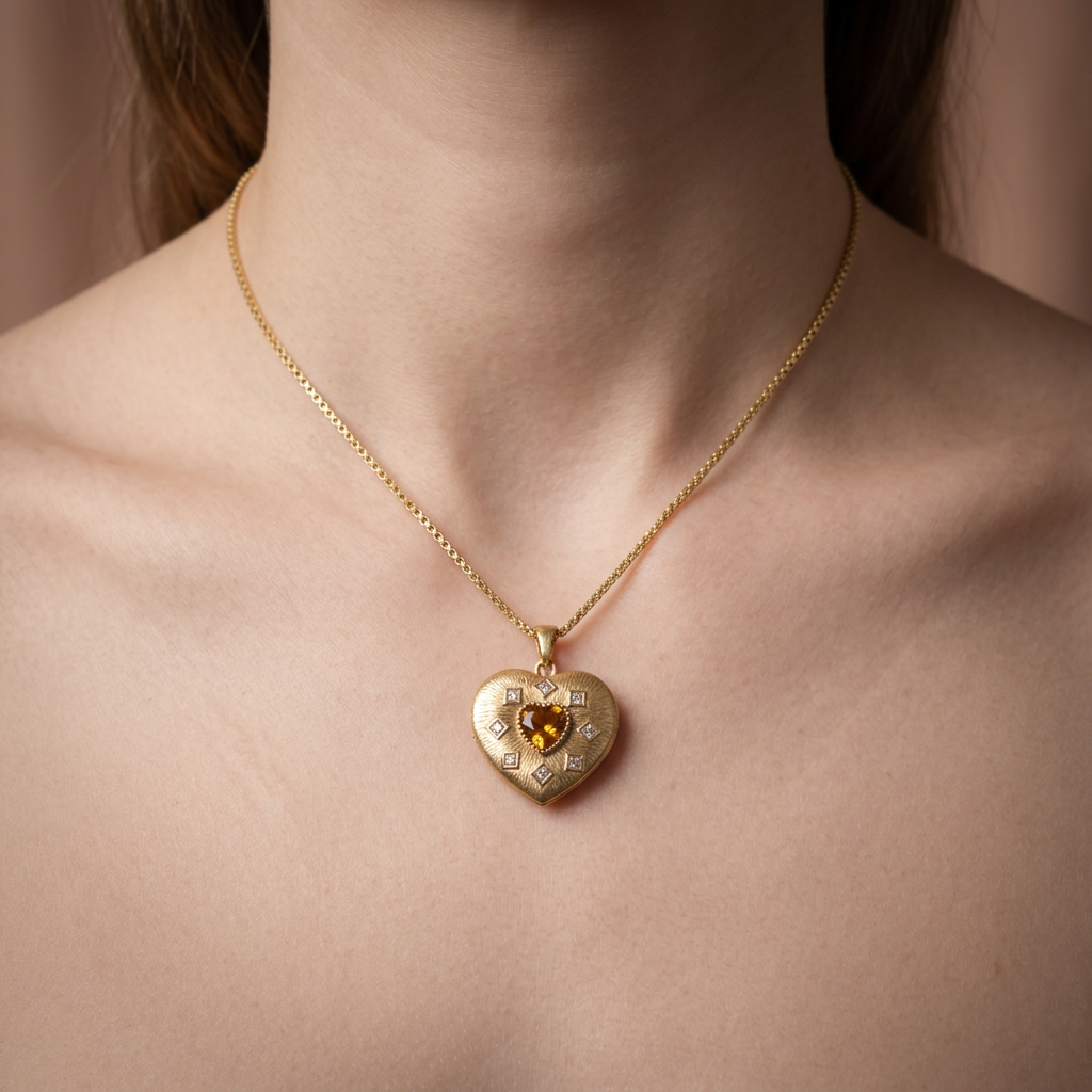 Vintage 18K Gold Plated Crystals Heart Pendant Necklace